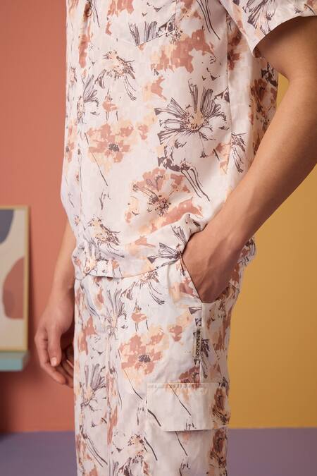 Buy Muvazo Brown Jacquard, Satin Floral Odyssey Print Shirt And Pant Set Buy_Muvazo_Brown Jacquard, Satin Floral Odyssey Print Shirt And Pant Set