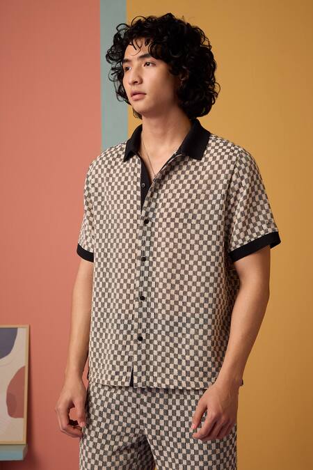 Shop Muvazo Black Cotton Pixel Pop Checkered Pattern Shirt And Pant Set Online at Aza Fashions Shop_Muvazo_Black Cotton Pixel Pop Checkered Pattern Shirt And Pant Set _Online_at_Aza_Fashions