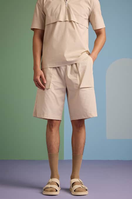 Muvazo_Beige Cotton Sunbeam Plain T Shirt And Shorts Set _Online_at_Aza_Fashions