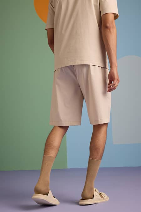 Buy_Muvazo_Beige Cotton Sunbeam Plain T Shirt And Shorts Set _Online_at_Aza_Fashions