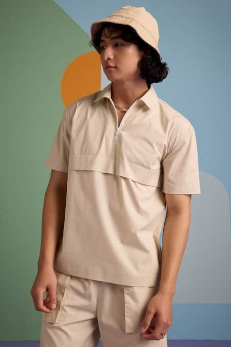 Shop_Muvazo_Beige Cotton Sunbeam Plain T Shirt And Shorts Set _Online_at_Aza_Fashions