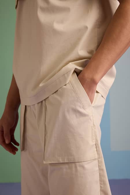 Shop_Muvazo_Beige Cotton Sunbeam Plain T Shirt And Shorts Set 