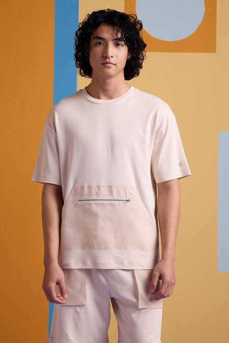 Muvazo_Beige Cotton, Polyester Cove Pocket T Shirt And Shorts Set _Online_at_Aza_Fashions