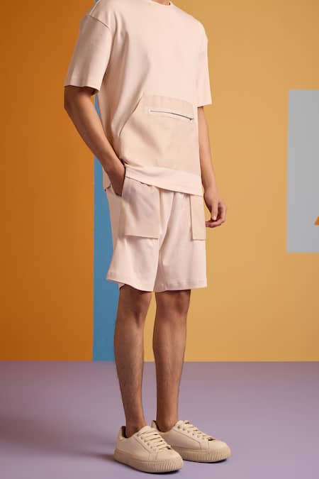 Shop_Muvazo_Beige Cotton, Polyester Cove Pocket T Shirt And Shorts Set _Online_at_Aza_Fashions