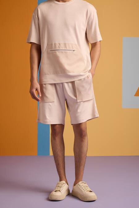 Muvazo_Beige Cotton, Polyester Cove Pocket T Shirt And Shorts Set _at_Aza_Fashions
