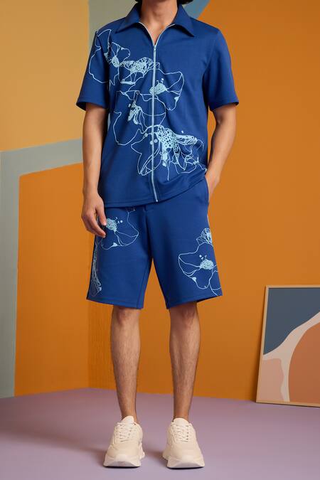 Buy Muvazo Blue Cotton, Polyester Embroidery Sunbeam Spectrum Printed Shirt And Shorts Set Online at Aza Fashions Buy_Muvazo_Blue Cotton, Polyester Embroidery Sunbeam Spectrum Printed Shirt And Shorts Set _Online_at_Aza_Fashions