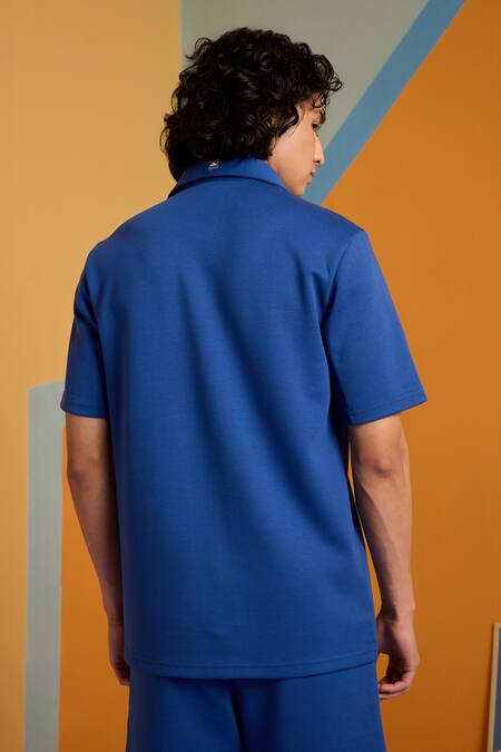 Shop Muvazo Blue Cotton, Polyester Embroidery Sunbeam Spectrum Printed Shirt And Shorts Set at Aza Fashions Shop_Muvazo_Blue Cotton, Polyester Embroidery Sunbeam Spectrum Printed Shirt And Shorts Set _at_Aza_Fashions