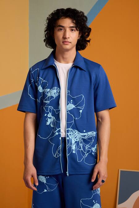 Shop Muvazo Blue Cotton, Polyester Embroidery Sunbeam Spectrum Printed Shirt And Shorts Set Online at Aza Fashions Shop_Muvazo_Blue Cotton, Polyester Embroidery Sunbeam Spectrum Printed Shirt And Shorts Set _Online_at_Aza_Fashions