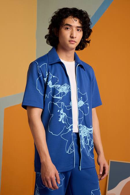 Buy Muvazo Blue Cotton, Polyester Embroidery Sunbeam Spectrum Printed Shirt And Shorts Set Buy_Muvazo_Blue Cotton, Polyester Embroidery Sunbeam Spectrum Printed Shirt And Shorts Set