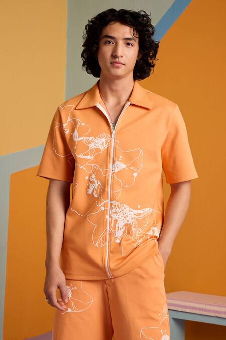 Muvazo Orange Cotton, Polyester Sunbeam Spectrum Floral Print Shirt And Shorts Set at Aza Fashions Muvazo_Orange Cotton, Polyester Sunbeam Spectrum Floral Print Shirt And Shorts Set _at_Aza_Fashions