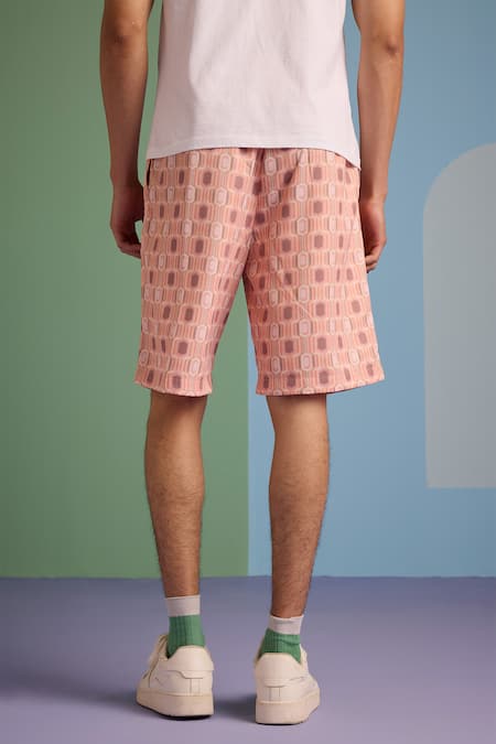 Muvazo_Coral Satin, Twill Geometric Print Shirt And Shorts Set _Online_at_Aza_Fashions