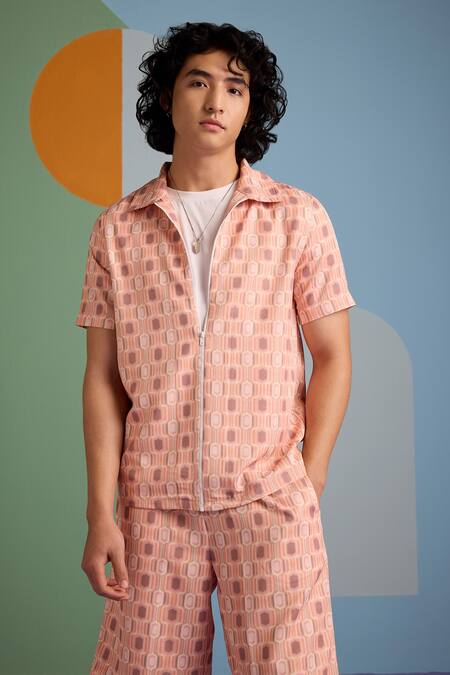 Shop_Muvazo_Coral Satin, Twill Geometric Print Shirt And Shorts Set _Online_at_Aza_Fashions