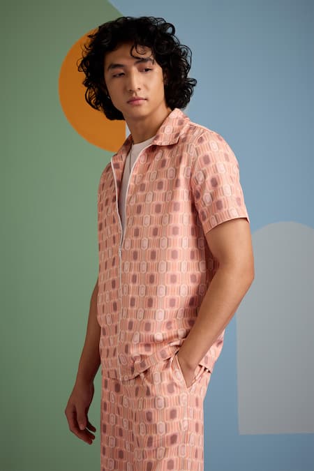 Muvazo_Coral Satin, Twill Geometric Print Shirt And Shorts Set _at_Aza_Fashions