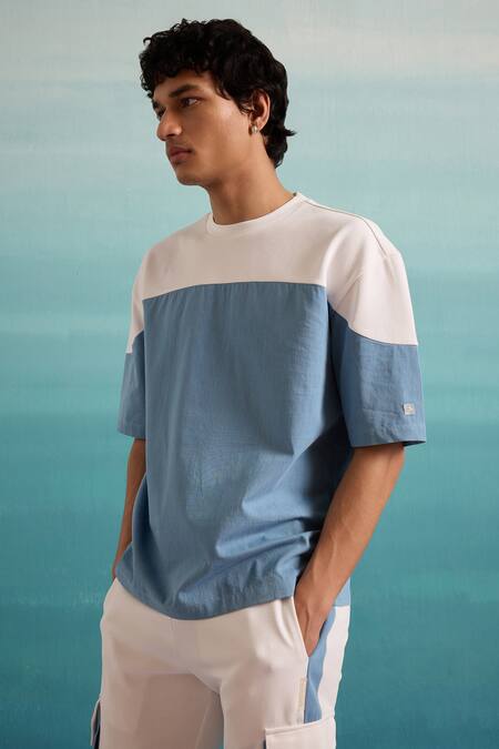 Buy_Muvazo_Blue Cotton, Polyester Coastal Mist Colorblock T Shirt And Joggers Set _Online_at_Aza_Fashions