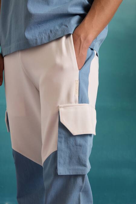 Shop_Muvazo_Blue Cotton, Polyester Coastal Mist Colorblock T Shirt And Joggers Set _Online_at_Aza_Fashions