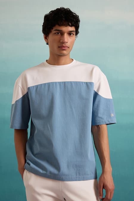 Muvazo_Blue Cotton, Polyester Coastal Mist Colorblock T Shirt And Joggers Set _at_Aza_Fashions