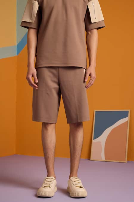 Muvazo_Brown Polyester, Cotton Walnut Wave 3d Pocket T Shirt And Shorts Set _Online_at_Aza_Fashions
