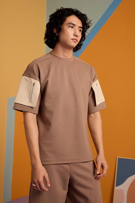 Shop_Muvazo_Brown Polyester, Cotton Walnut Wave 3d Pocket T Shirt And Shorts Set _Online_at_Aza_Fashions