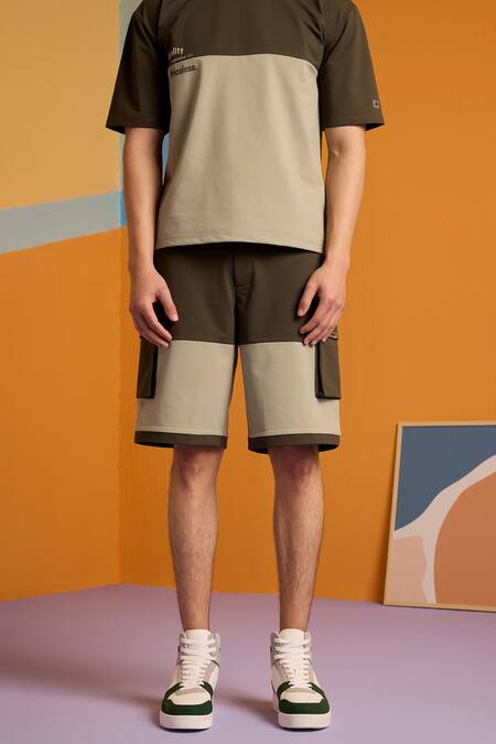 Shop_Muvazo_Green Cotton, Polyester Colorblock T Shirt And Shorts Set _Online_at_Aza_Fashions