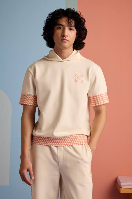 Muvazo_Beige Cotton, Polyester Seaside Perfection Hoodie T Shirt And Joggers Set _Online_at_Aza_Fashions