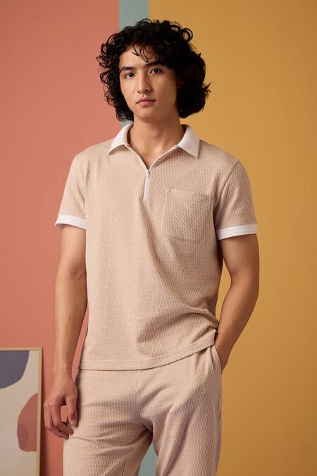 Shop Muvazo Peach Jacquard Sunlit Sienna Woven T Shirt And Shorts Set Online at Aza Fashions Shop_Muvazo_Peach Jacquard Sunlit Sienna Woven T Shirt And Shorts Set _Online_at_Aza_Fashions