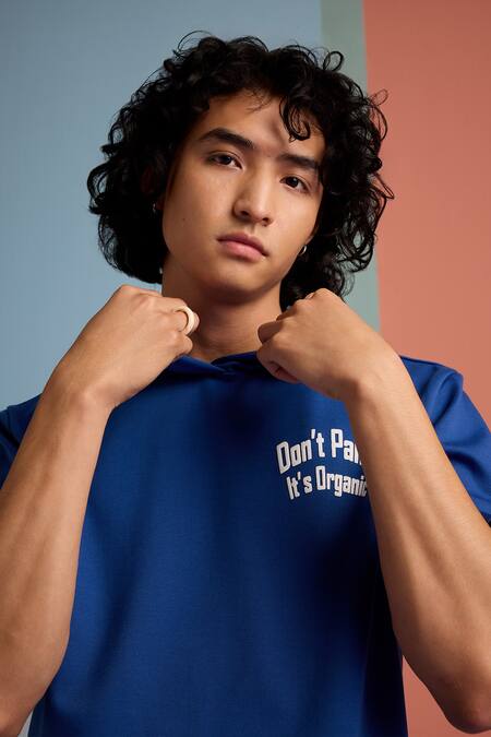 Muvazo Blue Cotton, Polyester Dont Panic Its Organic Hoodie Tee Online at Aza Fashions Muvazo_Blue Cotton, Polyester Dont Panic Its Organic Hoodie Tee _Online_at_Aza_Fashions