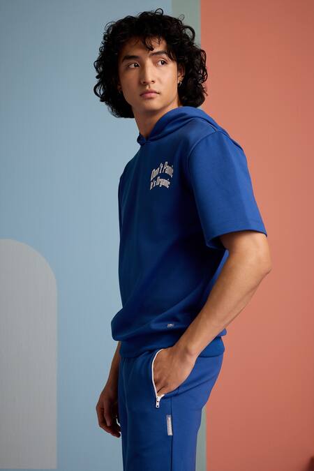 Buy Muvazo Blue Cotton, Polyester Dont Panic Its Organic Hoodie Tee Online at Aza Fashions Buy_Muvazo_Blue Cotton, Polyester Dont Panic Its Organic Hoodie Tee _Online_at_Aza_Fashions