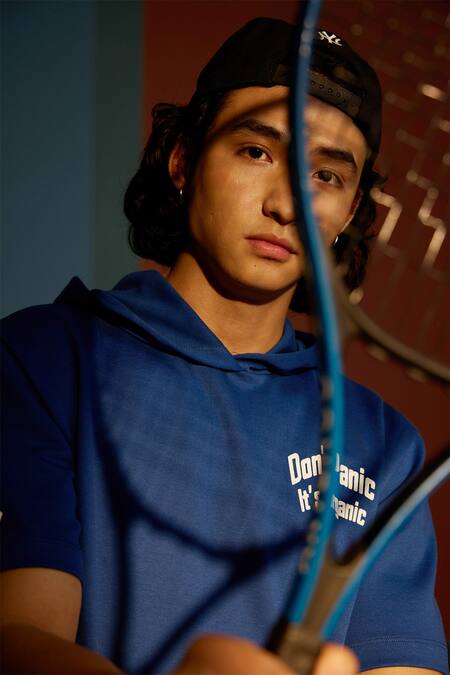 Shop Muvazo Blue Cotton, Polyester Dont Panic Its Organic Hoodie Tee Online at Aza Fashions Shop_Muvazo_Blue Cotton, Polyester Dont Panic Its Organic Hoodie Tee _Online_at_Aza_Fashions