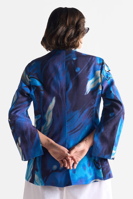Shop Ekastories Blue Modal Lapis Lazuli Flower Abstract Print Blazer at Aza Fashions Shop_Ekastories_Blue Modal Lapis Lazuli Flower Abstract Print Blazer_at_Aza_Fashions