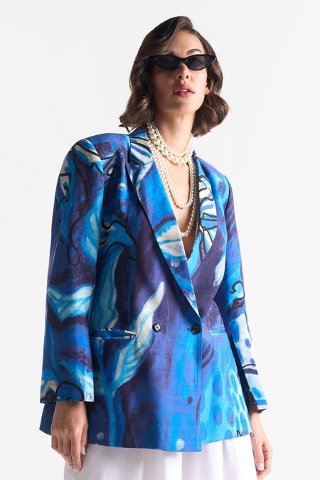 Ekastories Blue Modal Lapis Lazuli Flower Abstract Print Blazer Online at Aza Fashions Ekastories_Blue Modal Lapis Lazuli Flower Abstract Print Blazer_Online_at_Aza_Fashions
