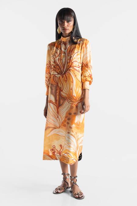 Ekastories_Peach Modal Collared Apricot Crush Floral Print Dress_Online_at_Aza_Fashions