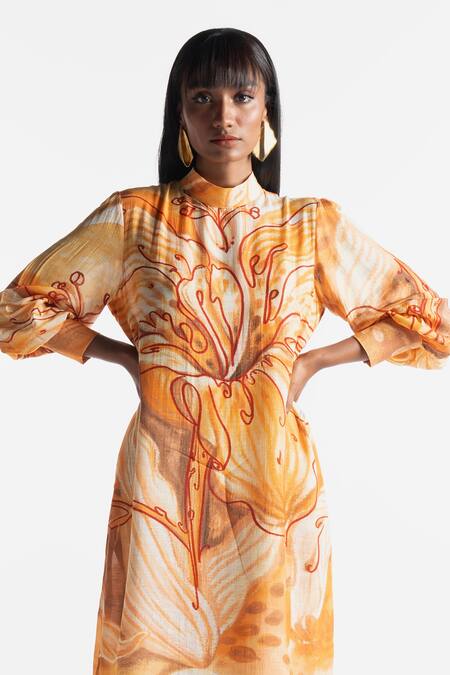 Buy_Ekastories_Peach Modal Collared Apricot Crush Floral Print Dress_Online_at_Aza_Fashions