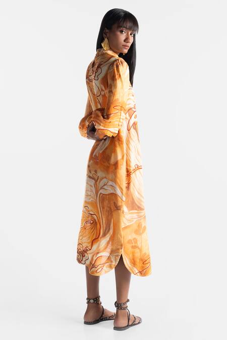 Shop_Ekastories_Peach Modal Collared Apricot Crush Floral Print Dress_Online_at_Aza_Fashions