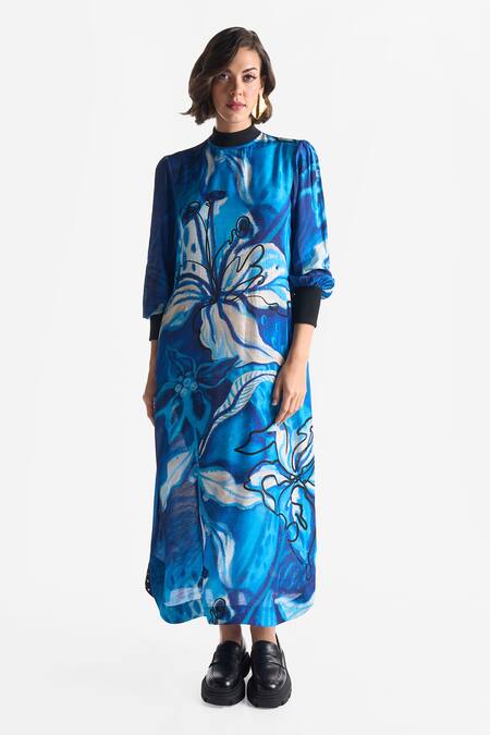 Ekastories_Blue Modal Collared Lapis Lazuli Rib Printed Dress_Online_at_Aza_Fashions
