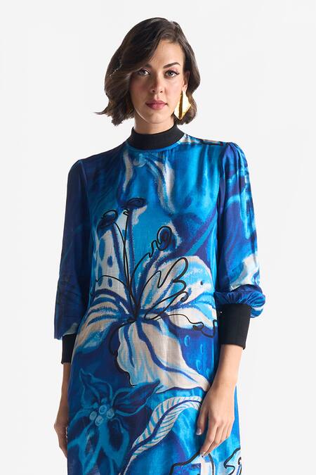 Buy_Ekastories_Blue Modal Collared Lapis Lazuli Rib Printed Dress_Online_at_Aza_Fashions