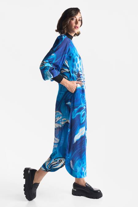 Shop_Ekastories_Blue Modal Collared Lapis Lazuli Rib Printed Dress_Online_at_Aza_Fashions