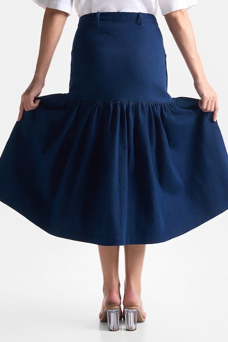 Shop Ekastories Blue Denim Gathered Skirt at Aza Fashions Shop_Ekastories_Blue Denim Gathered Skirt_at_Aza_Fashions