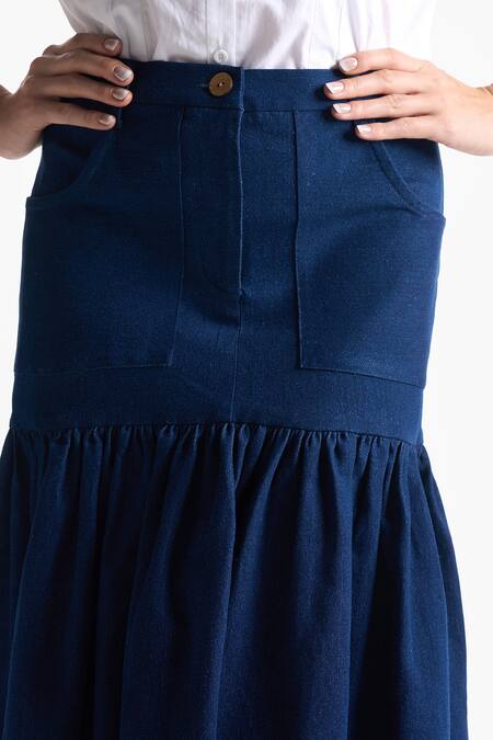 Ekastories Blue Denim Gathered Skirt Online at Aza Fashions Ekastories_Blue Denim Gathered Skirt_Online_at_Aza_Fashions