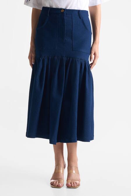 Buy Ekastories Blue Denim Gathered Skirt Online at Aza Fashions Buy_Ekastories_Blue Denim Gathered Skirt_Online_at_Aza_Fashions
