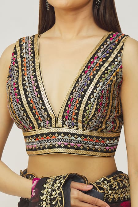 Shop_Samyukta Singhania_Black Silk Sequins Plunge Neck Thread Embroidered V Blouse _Online_at_Aza_Fashions
