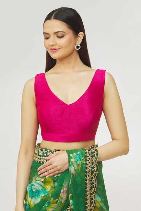 Naintara Bajaj Magenta Muslin Plunge Neck V Solid Blouse at Aza Fashions Naintara Bajaj_Magenta Muslin Plunge Neck V Solid Blouse _at_Aza_Fashions