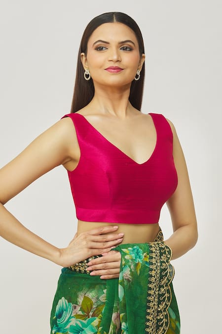 Buy Naintara Bajaj Magenta Muslin Plunge Neck V Solid Blouse Online at Aza Fashions Buy_Naintara Bajaj_Magenta Muslin Plunge Neck V Solid Blouse _Online_at_Aza_Fashions