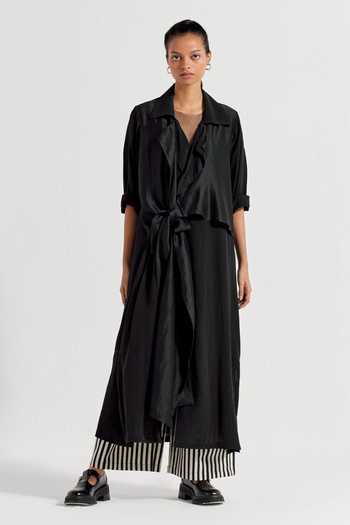 Three_Black Jacket Crepe Striped Jacket Notched Lapel Tie-up With Pant Set _Online_at_Aza_Fashions
