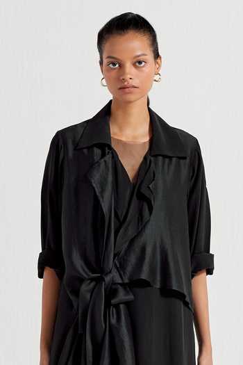 Buy_Three_Black Jacket Crepe Striped Jacket Notched Lapel Tie-up With Pant Set _Online_at_Aza_Fashions
