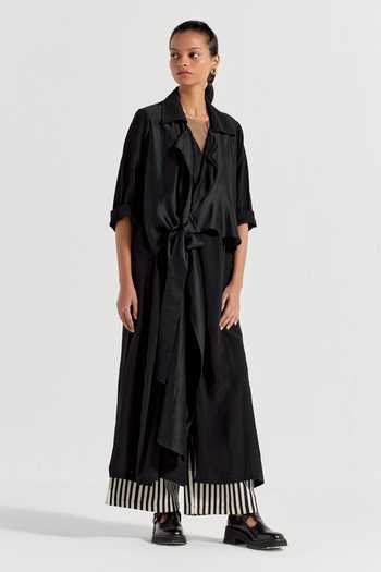 Shop_Three_Black Jacket Crepe Striped Jacket Notched Lapel Tie-up With Pant Set _Online_at_Aza_Fashions