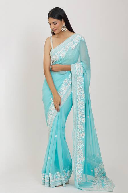 Shop_Rohini Bedi_Blue Georgette Pearls, Embroidery Sweetheart Floral Border Saree With Blouse _Online_at_Aza_Fashions
