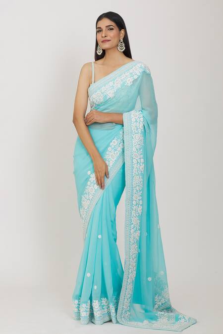 Rohini Bedi_Blue Georgette Pearls, Embroidery Sweetheart Floral Border Saree With Blouse _at_Aza_Fashions
