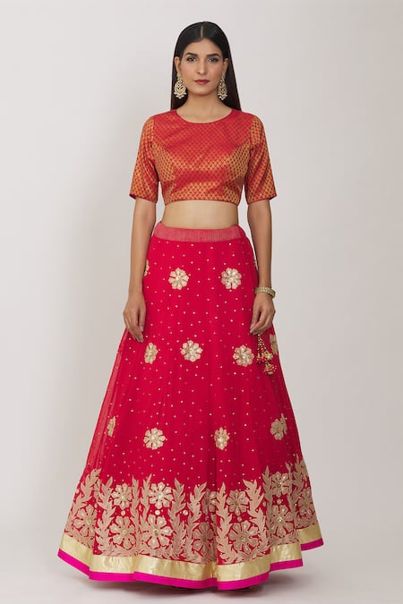 Rohini Bedi Red Georgette Embroidery, Applique Round Neck Floral Work Lehenga Set Online at Aza Fashions Rohini Bedi_Red Georgette Embroidery, Applique Round Neck Floral Work Lehenga Set _Online_at_Aza_Fashions