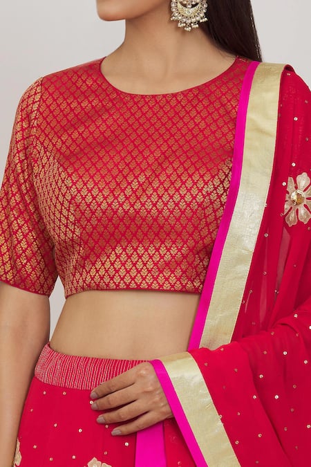 Shop Rohini Bedi Red Georgette Embroidery, Applique Round Neck Floral Work Lehenga Set Online at Aza Fashions Shop_Rohini Bedi_Red Georgette Embroidery, Applique Round Neck Floral Work Lehenga Set _Online_at_Aza_Fashions