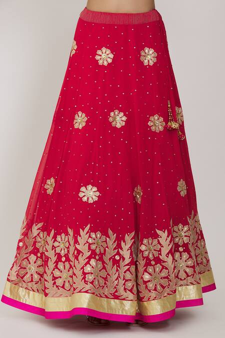 Rohini Bedi Red Georgette Embroidery, Applique Round Neck Floral Work Lehenga Set at Aza Fashions Rohini Bedi_Red Georgette Embroidery, Applique Round Neck Floral Work Lehenga Set _at_Aza_Fashions